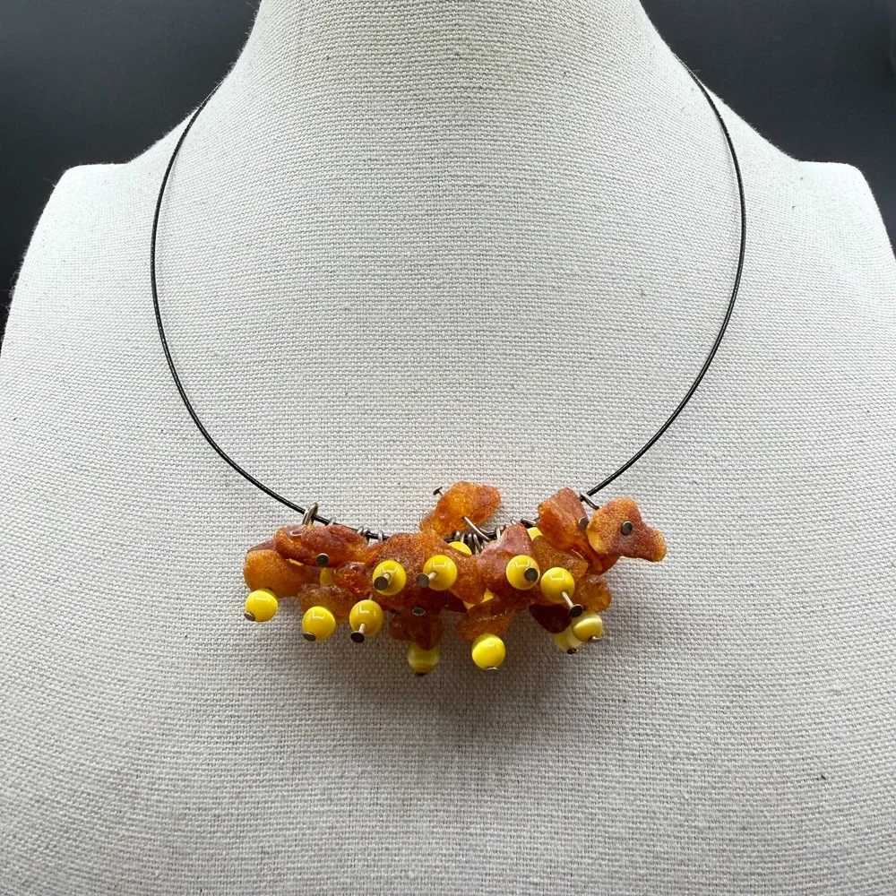 Amber Chip Bead Cluster Necklace Bohemian Statement Artisan Festival Gift